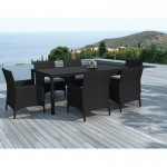 Dining table and 6 chairs garden PALMAS in woven resin (black, white/ecru cushions)