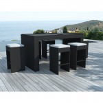 Furniture bar and 6 stools garden PORTO in woven resin (black, white/ecru cushions)