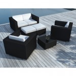 Resina KUMBA tejido muebles de jardín 6 plazas (negros, blanco/crudo cojines)