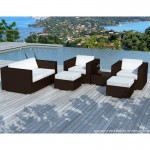Garden furniture 6 seater KUMBA resin braided (Brown, white/ecru cushions)