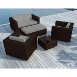 Resina de muebles de jardín 6 plazas KUMBA trenzado (marrón, cojines gris)