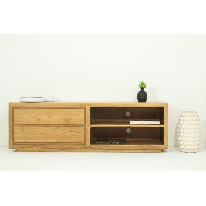 Contemporary low TV 2 niches 2 drawers ELENA (natural) massive teak furniture - image 36158