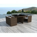 Tavolo da pranzo e 4 sedie built-in giardino KRIBOU in resina intrecciata (marrone, bianco/ecru cuscini)