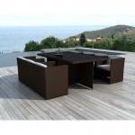 Dining table and 6 chairs built-in Garden KRIBOU in resin braided (Brown, white/ecru cushions)