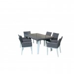 Table à manger et 6 fauteuils de jardin encastrable LUKA en résine tressée et aluminium (blanc, gris)