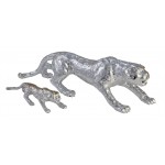 Set of 2 decorative sculptures design MOM and baby Panther statues resin: 30/60 cm (Silver)