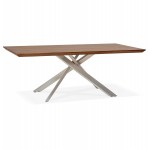 Table à manger design en bois et métal acier brossé (200x100 cm) CATHALINA (noyer)