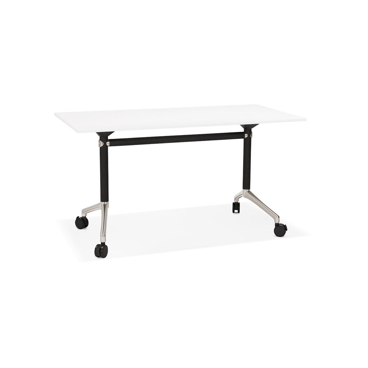 Folding table on white wooden wheels and black metal