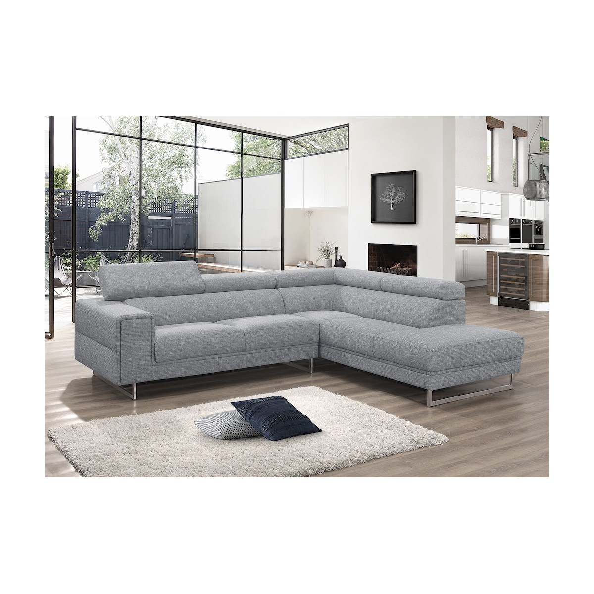 Totalement confortable et design, ce canapé d'angle en tissu gris