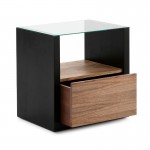 Bedside Table 1 Drawer 60X45X60 Glass Wood Black Natural Veiled