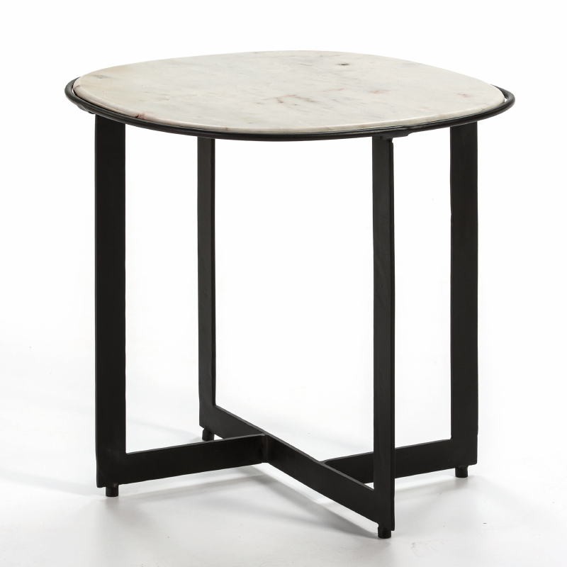 Table d'appoint, bout de canapé 51x53 Métal Noir Marbre Blanc - image 53001