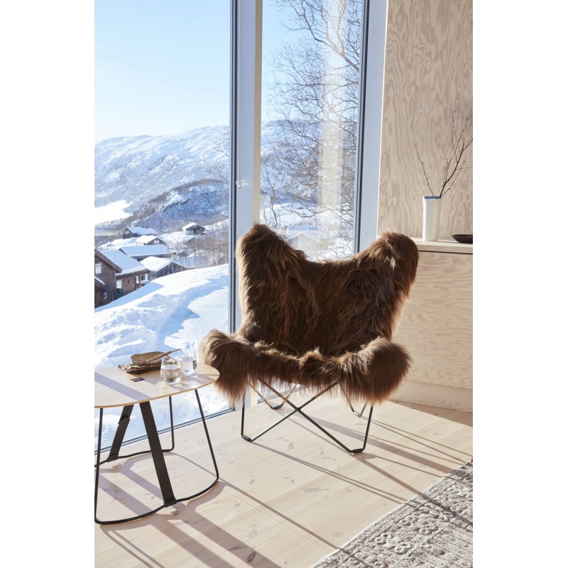 Sheepskin butterfly chair, long hair ICELAND MARIPOSA black metal foot (brown) - image 54168