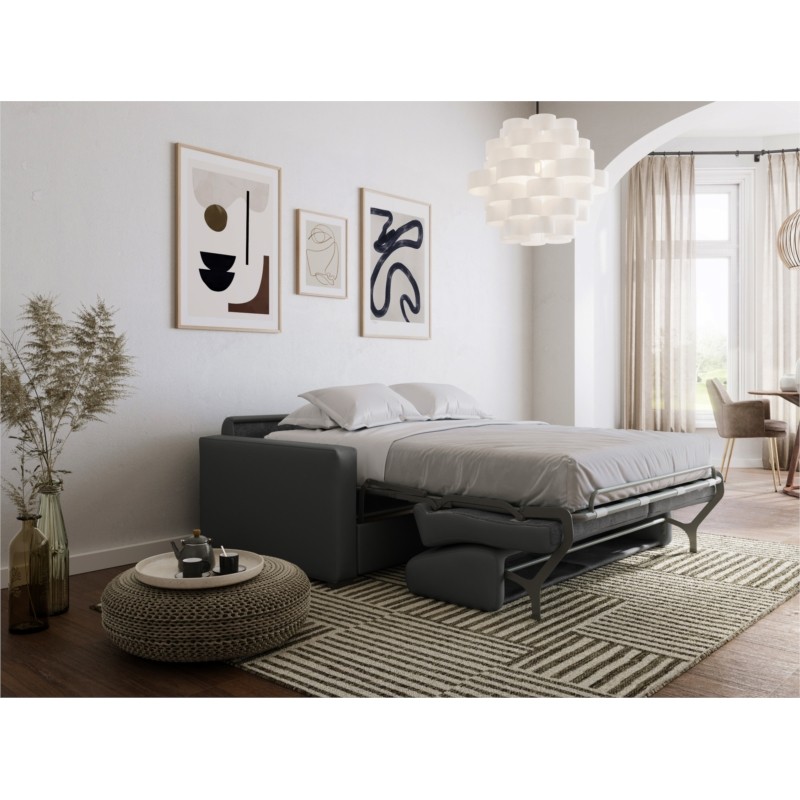 Sofa bed 3 places leather Mattress 140 cm NOELISE Grey - image 54486
