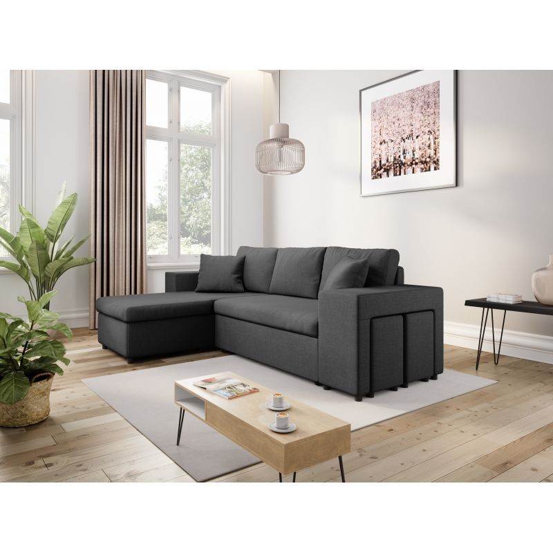 Corner sofa 3 places fabric pouf right shelf left ADRIEN (Dark grey) - image 55492