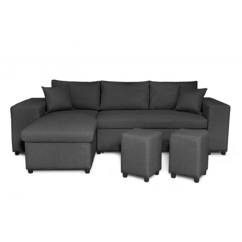 Corner sofa 3 places fabric pouf right shelf left ADRIEN (Dark grey) - image 55495