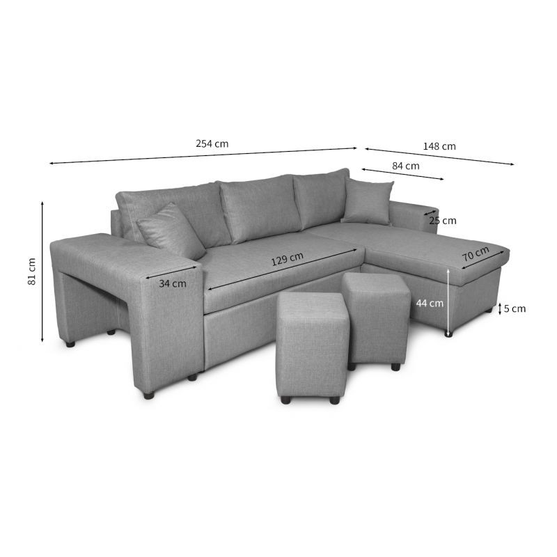 Corner sofa 3 places fabric pouf left shelf right ADRIEN (Light grey) - image 55537