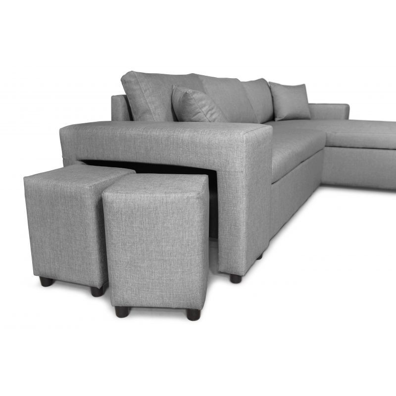 Corner sofa 3 places fabric pouf left shelf right ADRIEN (Light grey) - image 55540