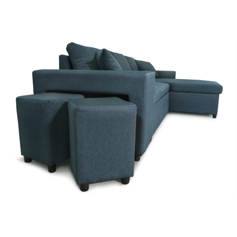 Corner sofa 3 places fabric pouf left shelf right ADRIEN (Oil blue) - image 55561