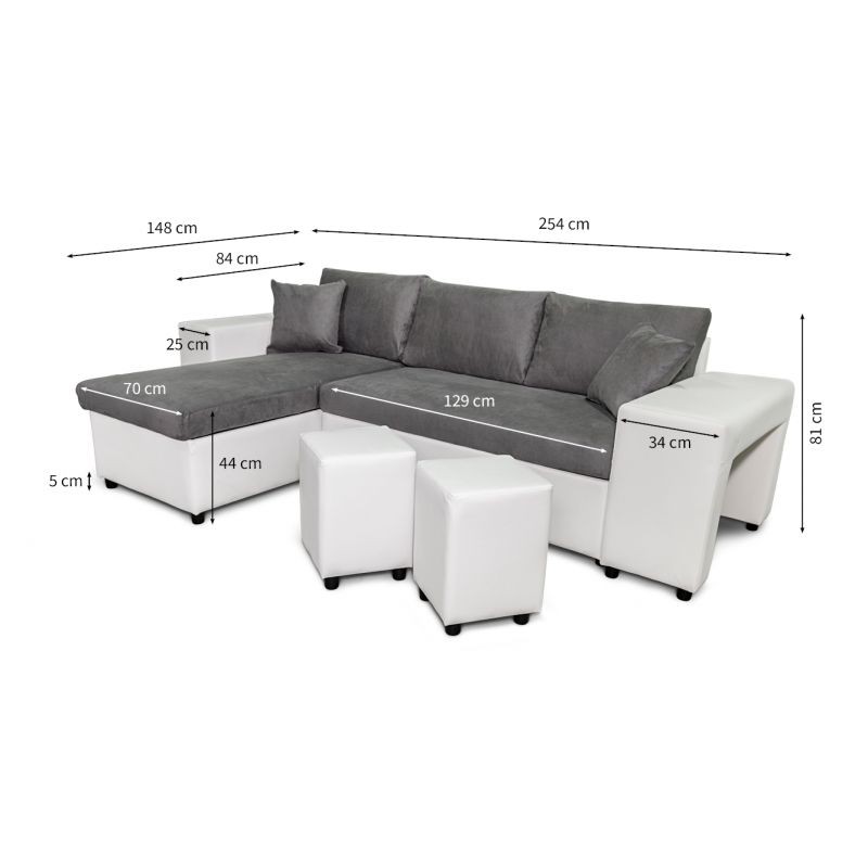 Corner sofa 3 places ottoman right shelf left FABIO (Grey, white) - image 55589