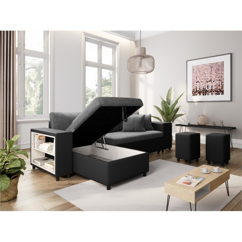 Corner sofa 3 places ottoman right shelf left FABIO (Grey, black) - image 55605