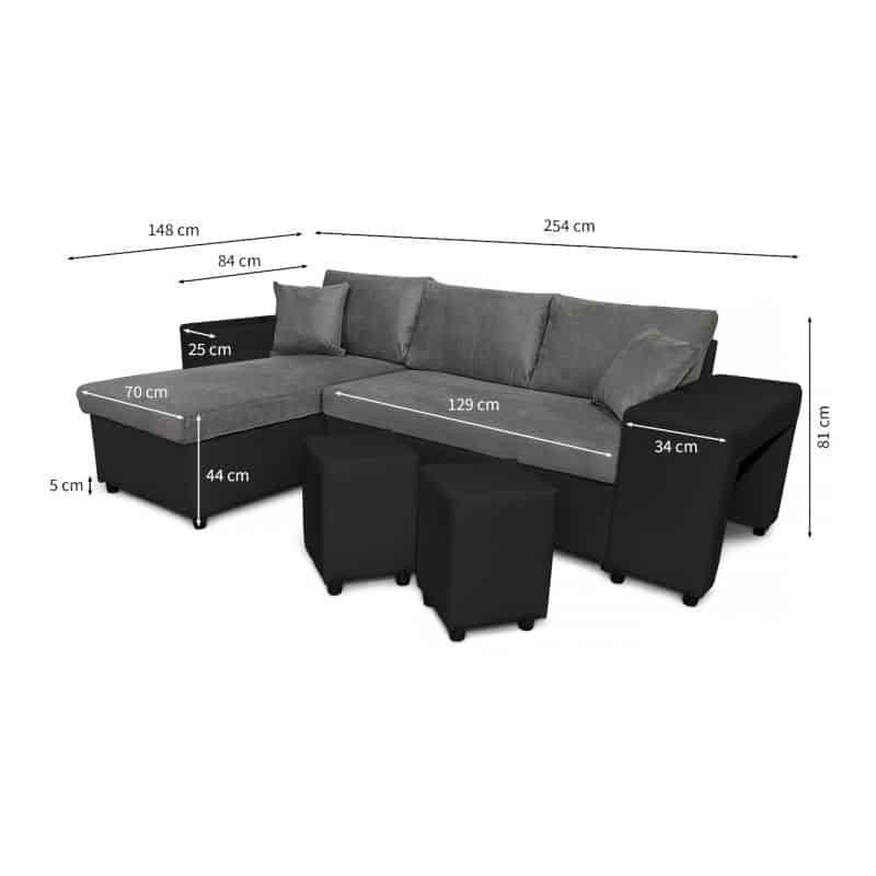 Canapé d'angle 3 places pouf à droite étagère à gauche FABIO (Gris, noir) - image 55612