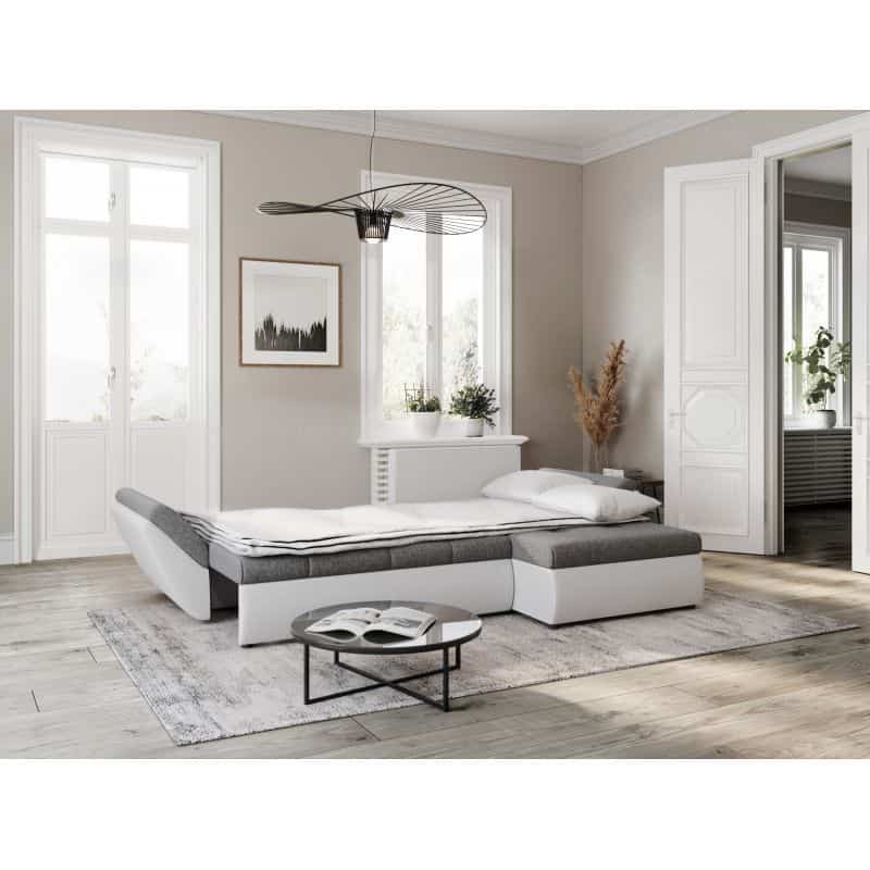 Convertible corner sofa 4 places fabric and imitation CATHIA (Grey, white) - image 55851