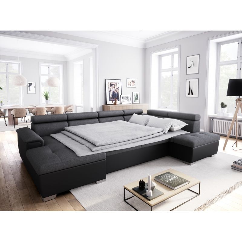 Sofá cama panorámico 6 plazas tela e imitación PARMA (Gris, negro) - image 56890