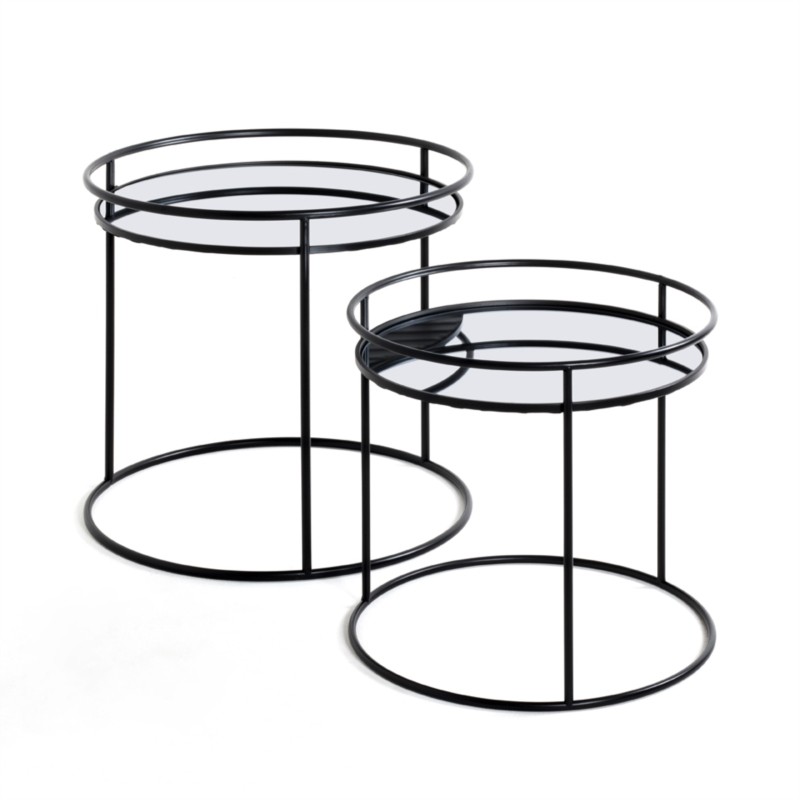 Set of 2 metal coffee tables and glass trays mirror effect GOYA (Black)