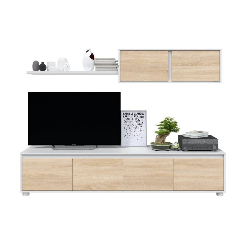 Meuble TV 4 portes avec étagère murale 2 portes L200 cm VESON (Blanc, chêne) - image 58618