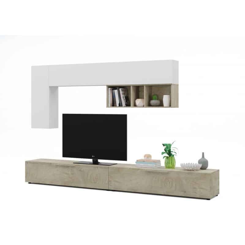 Soporte de TV 2 puertas con estantería y columnas de pared ALBA (Blanco,  madera)