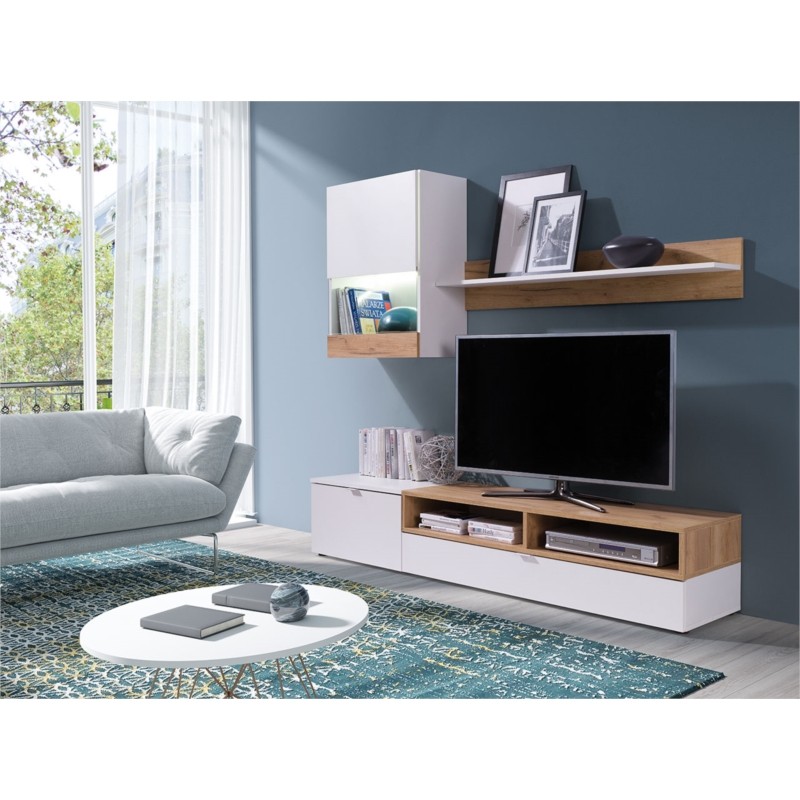 Porta TV a 2 ante con mensola e colonna a parete ROMY (Bianco, legno) - image 58746