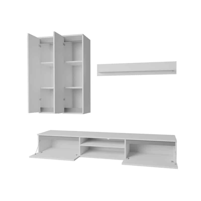 Soporte de TV 2 puertas con estantería y columnas de pared ALBA (Blanco,  madera)