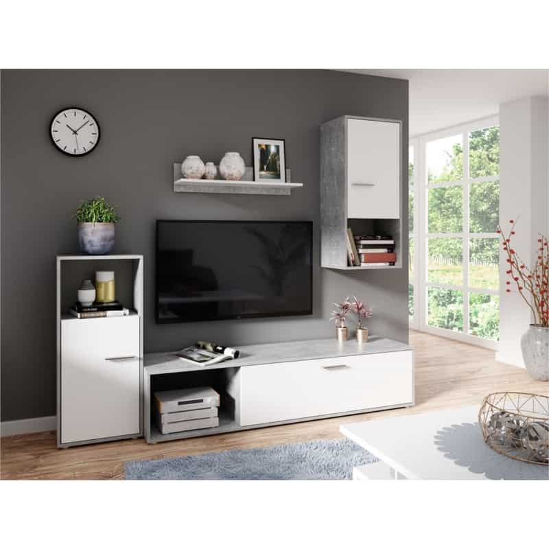2-türiger TV-Ständer mit Regal und Wandsäulen ARON (Weiß, Beton) - image 58766