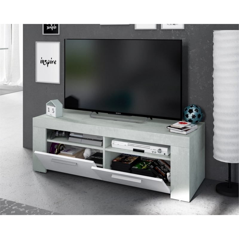 Meuble TV avec 2 portes et 2 niches de rangement L120 cm VESON (Blanc, béton) - image 58833