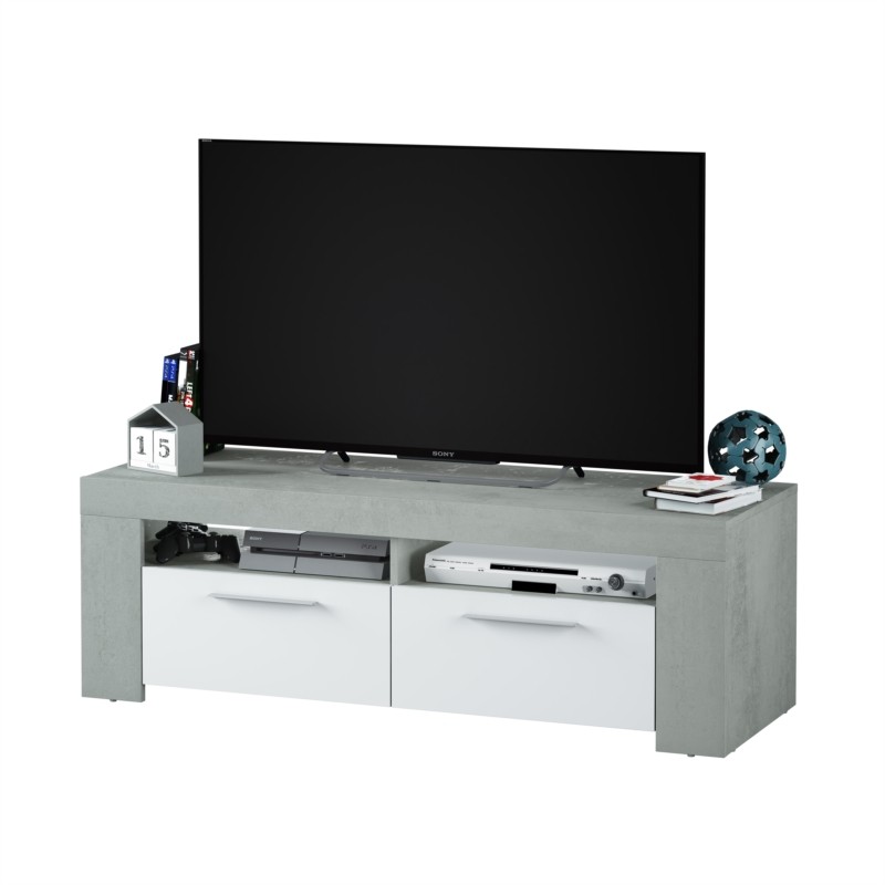 Meuble TV avec 2 portes et 2 niches de rangement L120 cm VESON (Blanc, béton) - image 58837