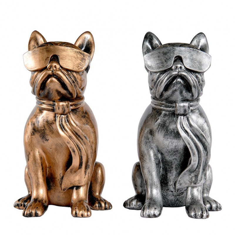 Set mit 2 dekorativen Harzstatuen DUO DOGS BULLDOG (H36 cm) (Bronze, Silber) - image 60130