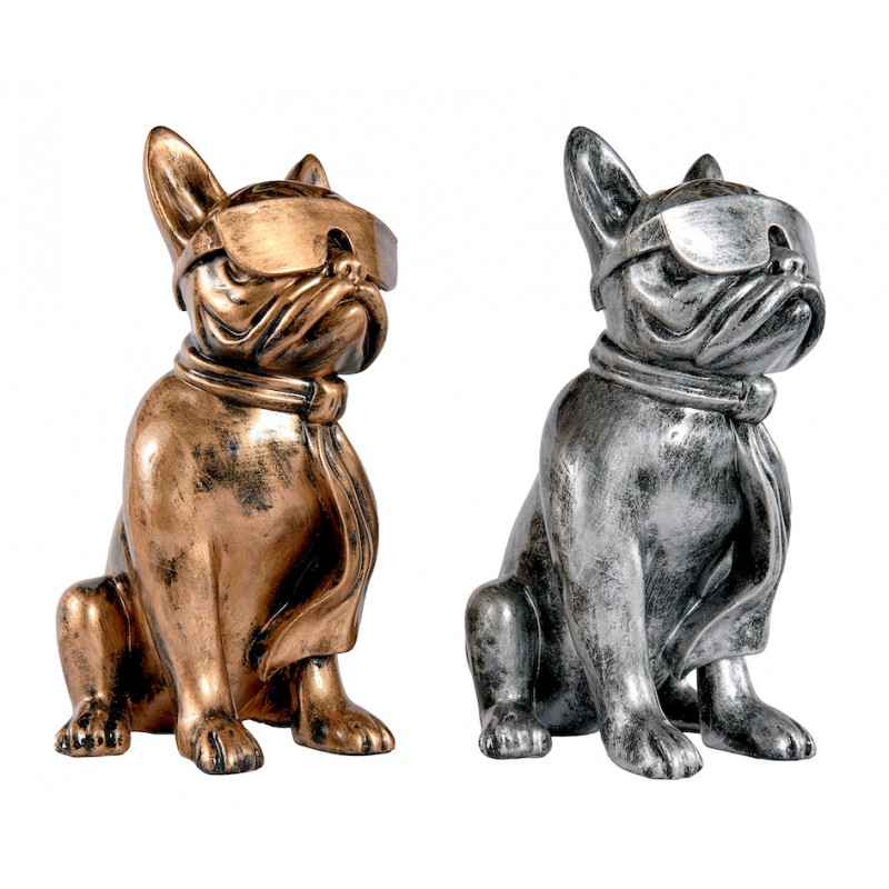 Set di 2 statue decorative in resina DUO DOGS BULLDOG (H36 cm) (bronzo, argento) - image 60131