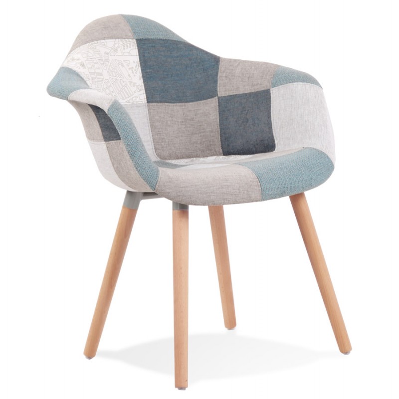 Chair with armrests in patchwork fabric and legs in natural wood ELIO (Blue, grey, beige) - image 62938