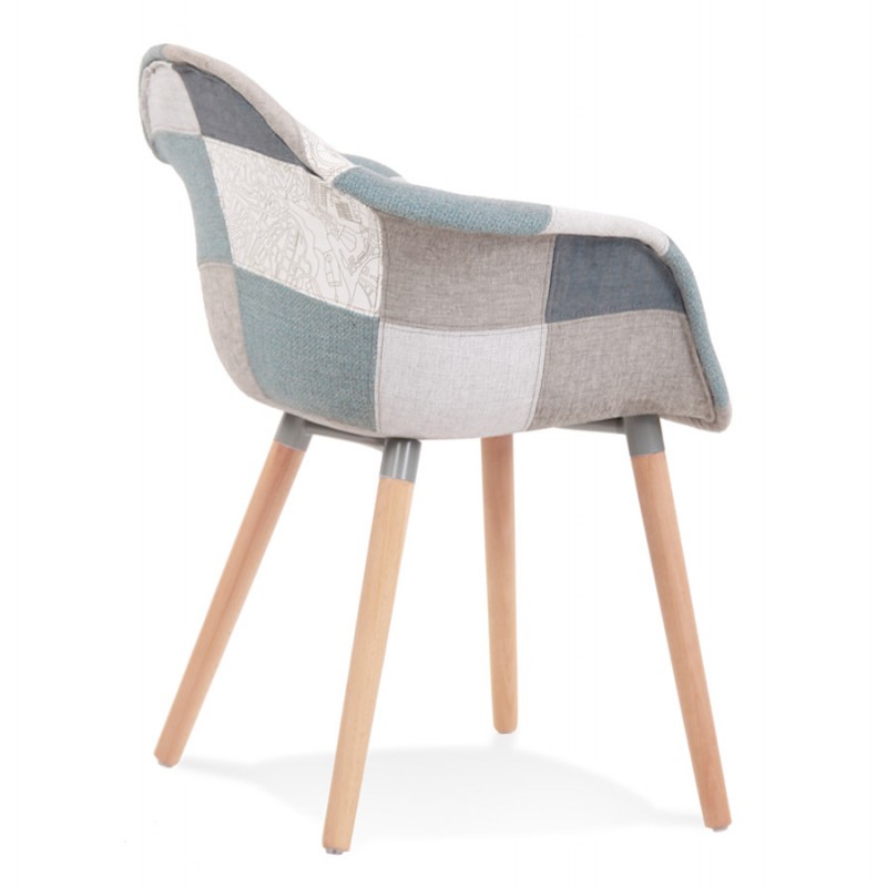 Chair with armrests in patchwork fabric and legs in natural wood ELIO (Blue, grey, beige) - image 62940