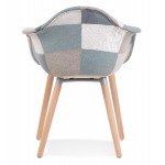 Sedia con braccioli in tessuto patchwork e gambe in legno naturale ELIO (Blu, grigio, beige)