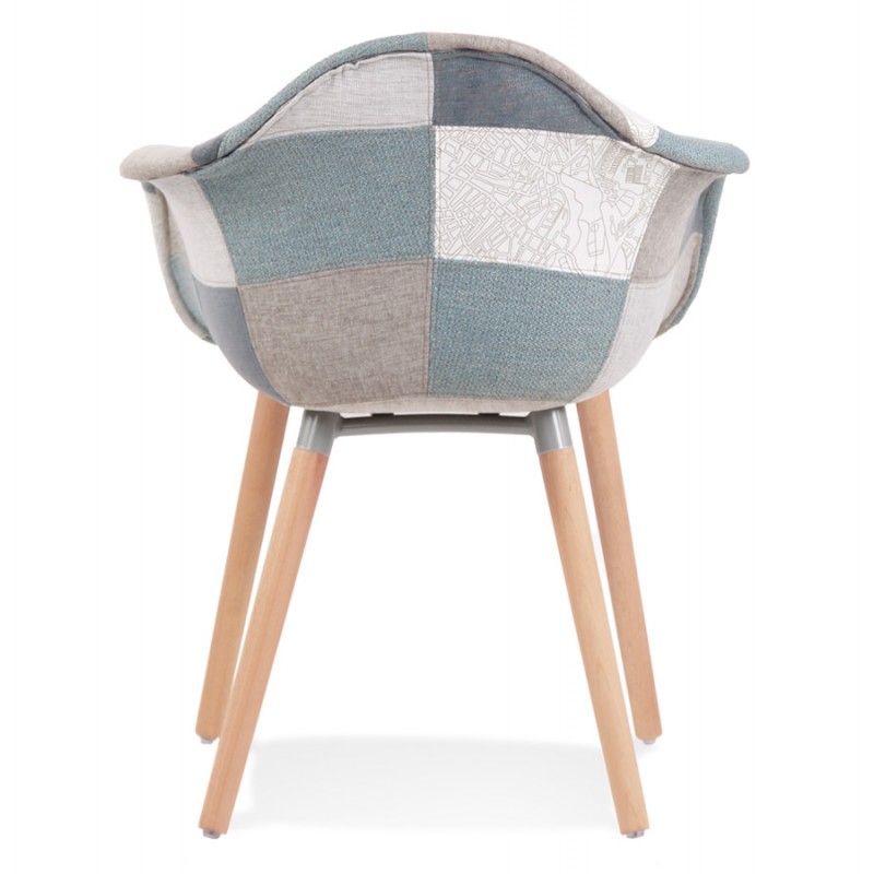 Chair with armrests in patchwork fabric and legs in natural wood ELIO (Blue, grey, beige) - image 62941